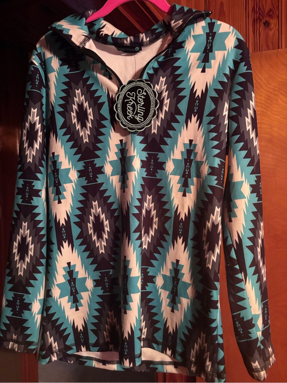 Women's Aztec Print Hooded Pullover Sweatshirt - Teal/Black/White
